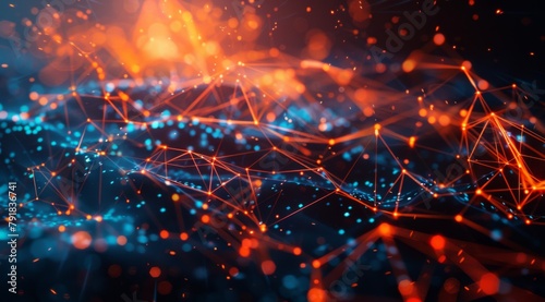 Abstract blue and orange background with glowing geometric shapes, forming an array of interconnected lines representing the complexity of data network connections.  photo