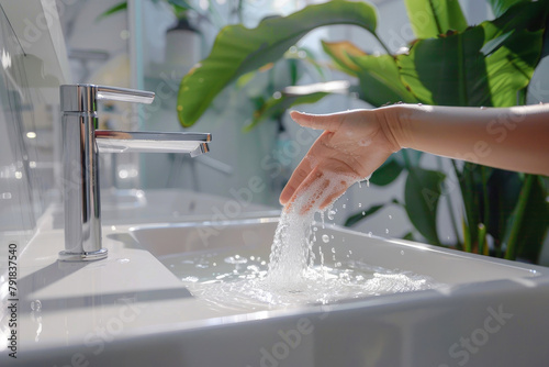 the girl washes her hands with soap in the sink under the tap. close-up
