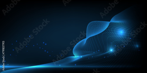 Vector illustration of wave data net on dot conneting network.Futuristic digital communication technology background. photo