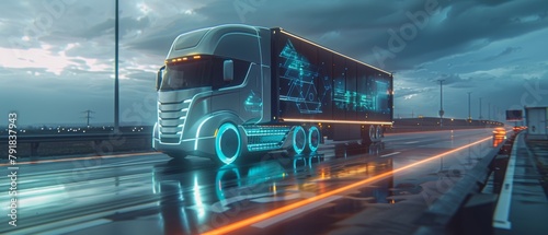 An advanced technology concept: A semi-truck with cargo trailer is transformed with graphics and special effects into a digital twin futuristic concept auto. photo