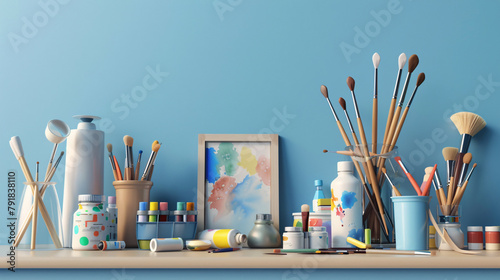 product mockup artworks for a variety of arts and craft items, different arts and craft products such as brushes, watercolors, paint sets, frame and other creative tools in blue background photo