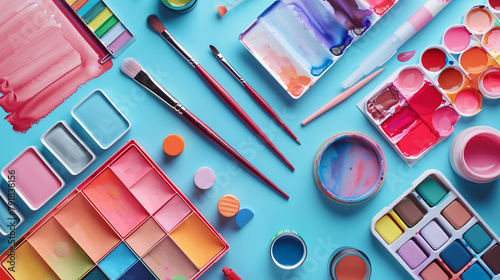 product mockup artworks for a variety of arts and craft items, different arts and craft products such as watercolors, paint sets, brushes, and other creative tools. photo