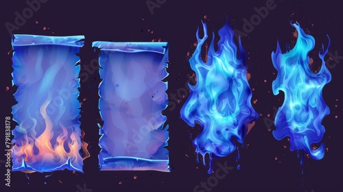 Realistic modern set of blue burning paper, isolated with smoldering edges. A set of templates for letterheads, vintage scrolls, flaming notes, frames and flaming notes. photo