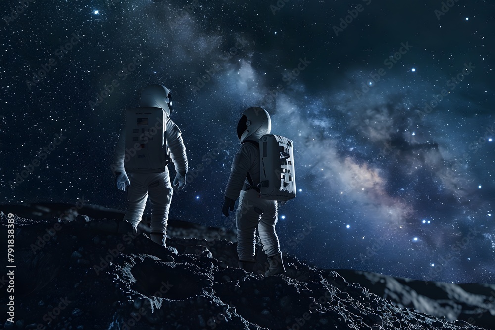 Astronauts Walking on a Distant Planet with a Starry Sky