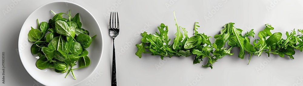 A white plate with a fork and a handful of salad greens. A white plate with a fork and a handful of salad greens.