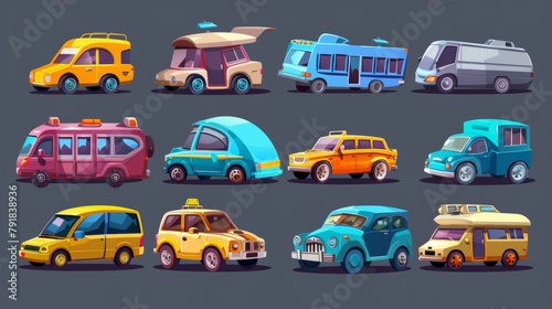 A set of cartoon cars with modern automobiles, buses, monster trucks, lorries, cafes on wheels, refrigerators. Modern illustration of an isolated auto vehicle with sedan or hatchback cab.