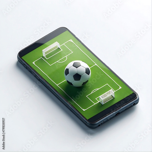 smartphone with a 3D soccer ball and field on the screen, soccer online concept