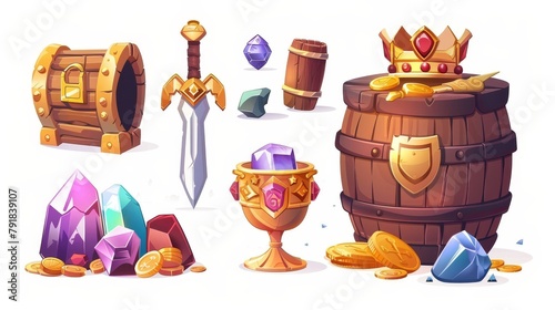 Gold, pirate chest, wooden barrel with crown and coins. Filibusters loot crystal gems, sword in pile of gold, goblet with precious rocks, isolated game assets. Cartoon modern illustration.