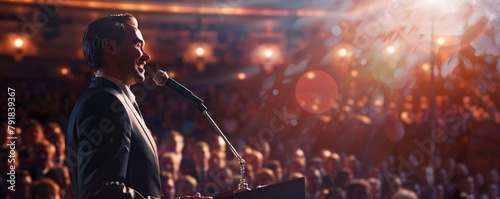 male speaker on stage. a man gives a motivational speech. success. leadership.