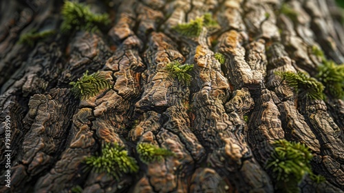 the texture of the cracked bark is covered with some green moss