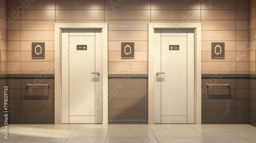 Male and female visitor entrances to a public restroom. Two white doors with metal handles and a man or woman black pictogram. Office bathroom gender concept, realistic 3D modern illustration. photo