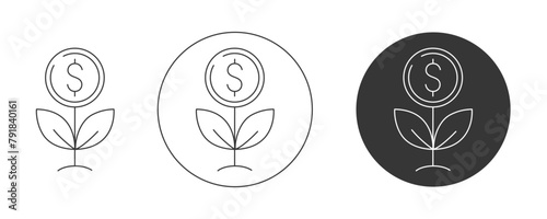 Money tree, plant with coin, dollar sign. Vector icon set, editable stroke. Flat line, pictogram. Finance and business concept. For app, website, ui. Isolated background.