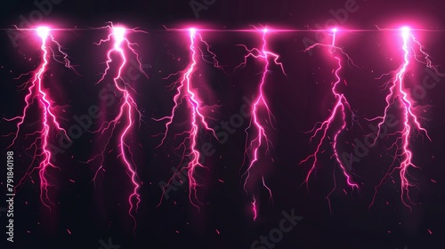 Isolated on transparent background, virtual 3d modern bolts collection showing lightning strikes, electric thunderbolt strikes, red impacts, cracks, magical energy flashes.