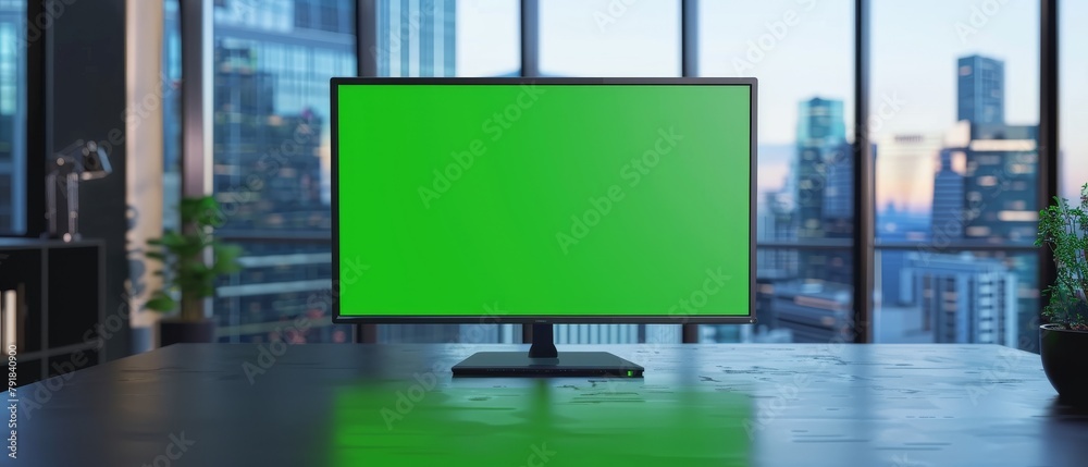 Mock Up Green Screen Chroma Key Display on the Desk in the Modern Business Office. In the Background Glass Wall with Big City Office on the Wall. Mock Up Green Screen Chroma Key Display on the Desk in the Modern Business Office. In the Background Glass Wall with Big City Office on the Wall.