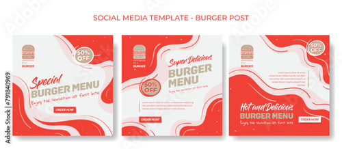 Set of social media post template in red and white liquid waving background for food advertising