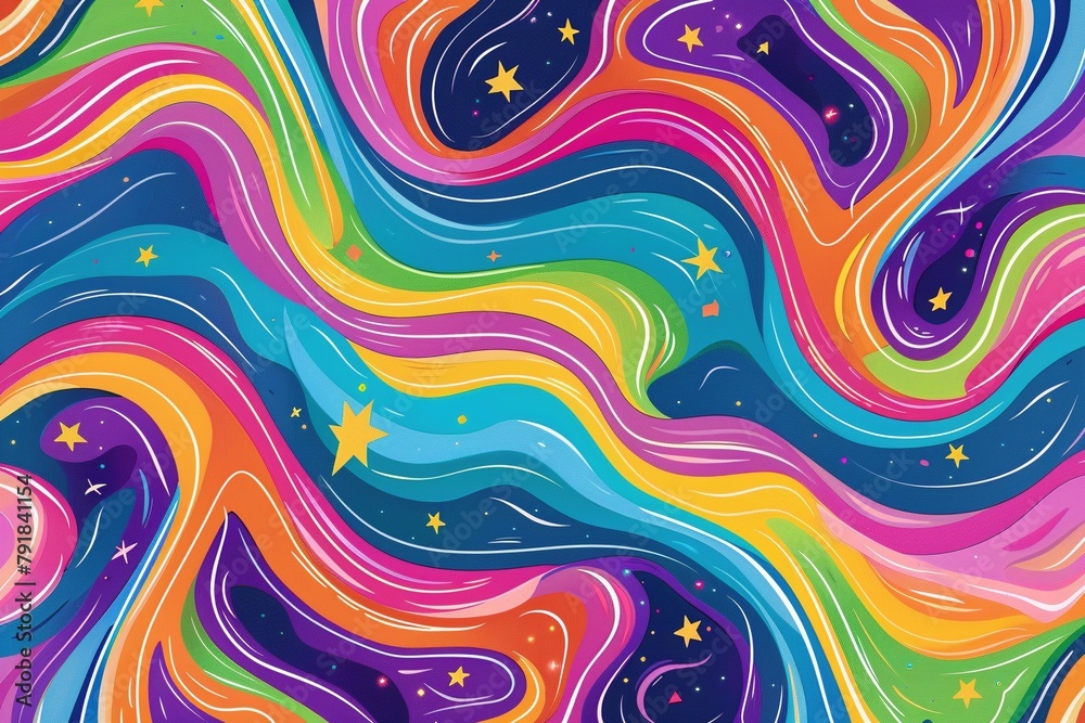 A mesmerizing abstract pattern featuring swirling waves in vibrant pink, blue, green, purple, yellow, and orange, with a magical starry background. A mesmerizing abstract pattern featuring swirling waves in vibrant pink, blue, green, purple, yellow, and orange, with a magical starry background.