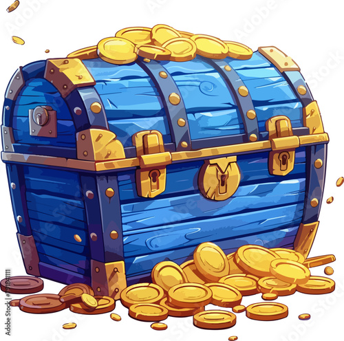 blue chest with full of gold coins  2d cartoon style vectorial, white background
