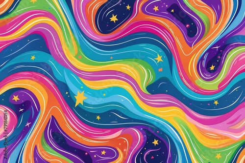 A mesmerizing abstract pattern featuring swirling waves in vibrant pink, blue, green, purple, yellow, and orange, with a magical starry background.