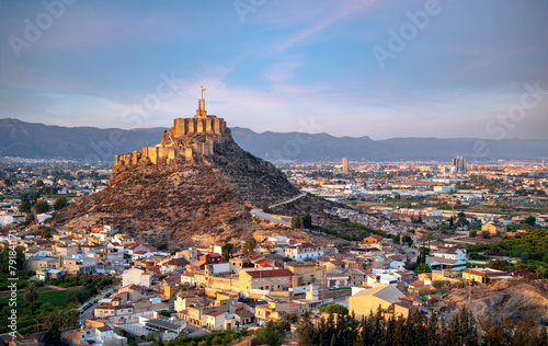 Panoramic view of the Murcia orchard with the Monteagudo castle as the protagonist and the city of Murcia in the background with early morning light