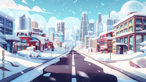 A winter city street with a road at daytime with an empty skyline with snow in the background. Megalopolis architecture buildings, walkways, modern houses, infrastructure Cartoon modern illustration.