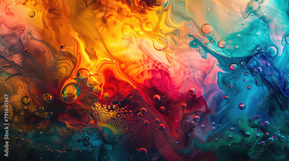 A vibrant painting with various colors and textures, adorned with water drops creating a unique visual effect