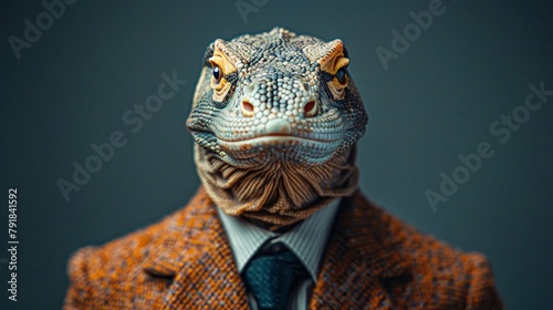 A Komodo dragon looking dapper in a stylish outfit paired with a fashionable tie. A quirky fashion photo of a humanized animal exuding charm and confidence - AI generated.