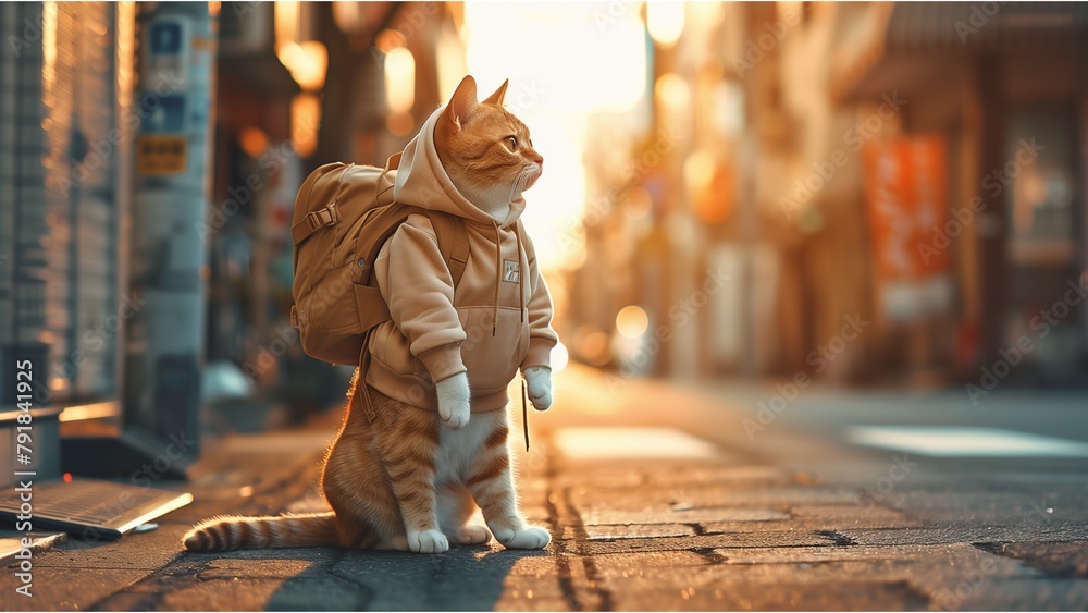 a cat in the city street wearing hoodie and backpack