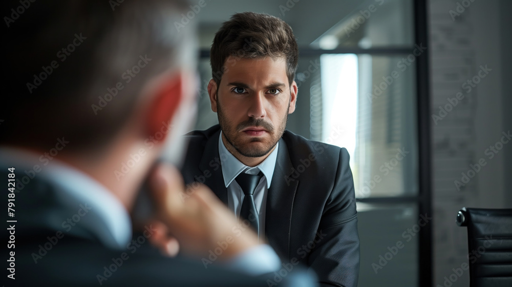 Serious young businessman in deep concentration at a modern corporate office.