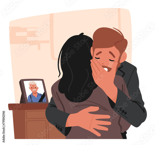 Couple Characters Mourns The Loss Of Their Father, Sharing Tears And Memories, Finding Solace In Each Others Embrace