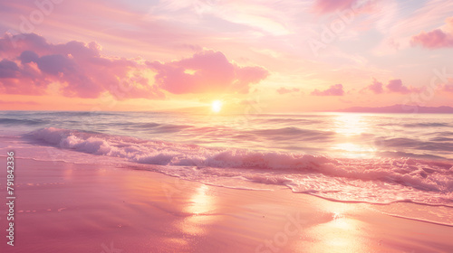 Pink and Golden Sunset sky, sea sand beach summer feel