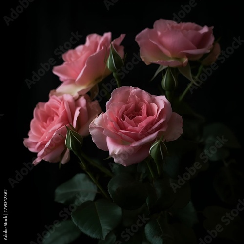Elegant roses on black background. Beautiful bouquet of roses. Close-up of a beautiful bouquet of fresh flowers with buds blooming. Roses in a vase.