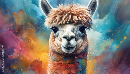 A colorful llama is the main subject of the painting photo