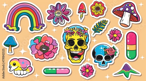 Vintage cartoon elements set with Y2K stickers, rave retro patches, rainbow, stars, flowers, psychedelic mushrooms, mouth with pill on tongue, skull in trippy style, cartoon modern elements set with