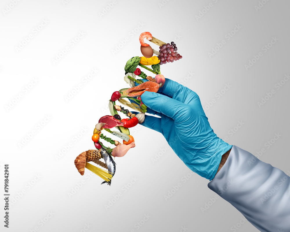 Fototapeta premium Nutrition Science and Food Scientist as a nutritionist or lab technician with nutrients and foods as a DNA genetic strand representing GMO or gene editing dietary health concept for wellness