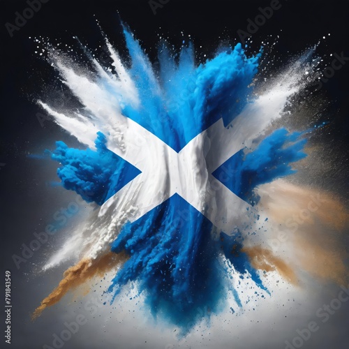 Scotland flag paint powder explosion on isolated background , generated by AI