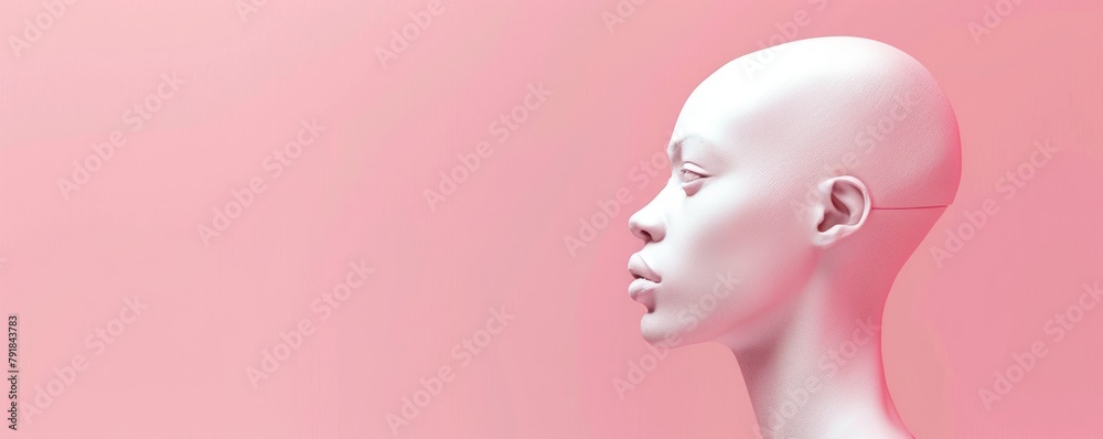 head of a white mannequin on a pink background. banner with copy space.