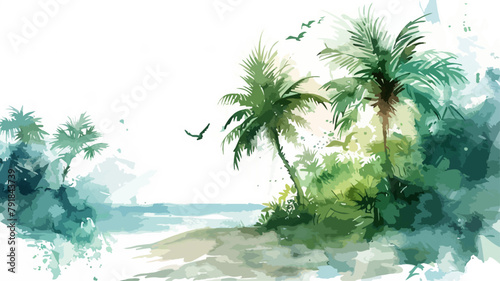 Island Beach Summer Palm Trees Travel Vacation Colorful Watercolors Landscape | Ibiza Caribbean Mallorca
