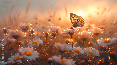 Dawn's Embrace: Butterflies Grace a Field of Dew-Kissed Blossoms at Sunrise