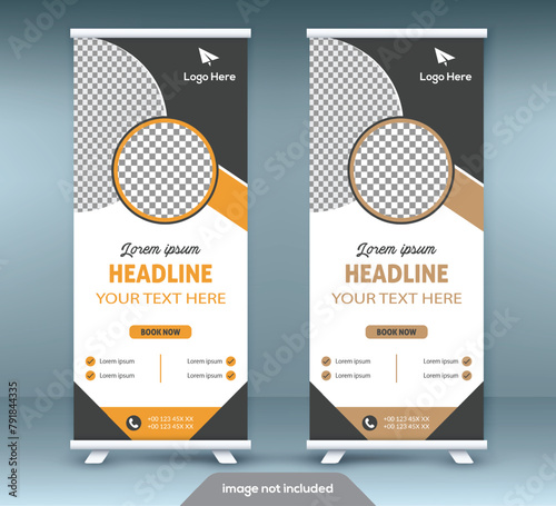Roll up banner stand template design. Vertical banner template. Universal stand for conference.