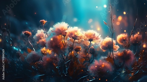 Wonderful large scale photo. Colorful flowers. Art design. Magical light. Close-up photo of a flower. Conceptual unique image. Creative wallpaper. Beautiful nature. Flower in the sunlight