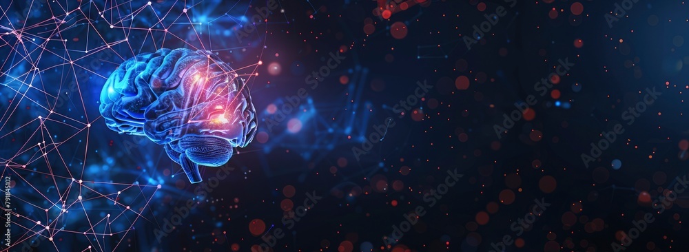 Artificial Intelligence and delicious human mind concept with glowing connections on dark blue background