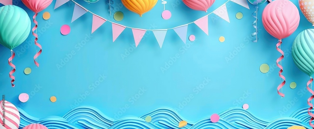 Background of a light blue wave pattern in the style of Japanese art with colorful balloons and party flags