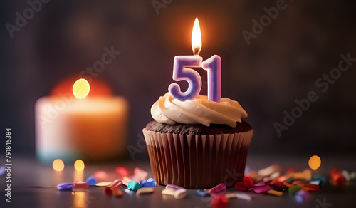 Birthday cupcake with burning lit candle with number 51. Number fiftyone for fifty years or fifty-first anniversary.