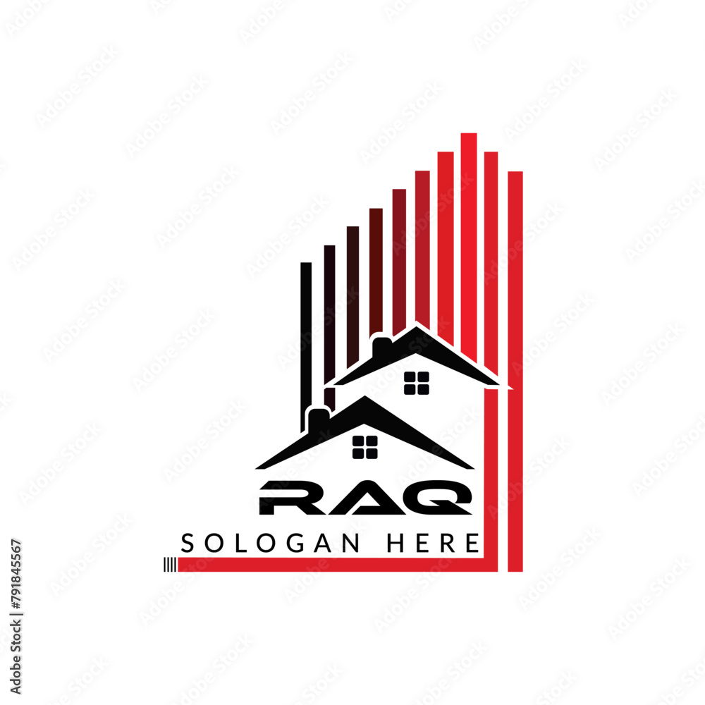 Obraz premium Letter RAQ building vector, RAQ initial construction. RAQ real estate. RAQ home letter logo design, RAQ real estate Logo ,RAQ Style home logo