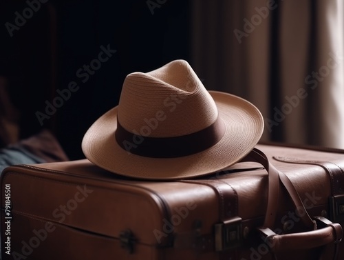 hat on a brown suitcase, close-up. the concept of tourism and travel. Going on vacation