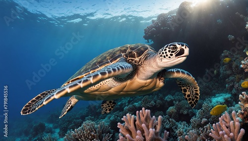 A critically endangered hawksbill sea turtle (Eretmochelys imbricata) glides over a reef off the island of Yap; Pacific Ocean, Yap, Micronesia, 4k design photo