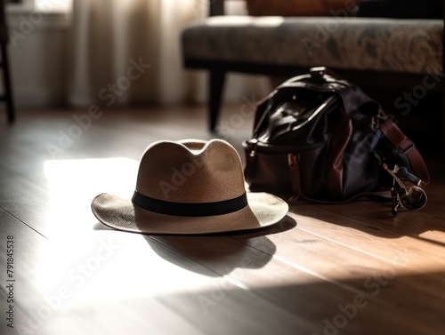 hat and bag are on the floor in the room. the concept of tourism and travel. Going on vacation
