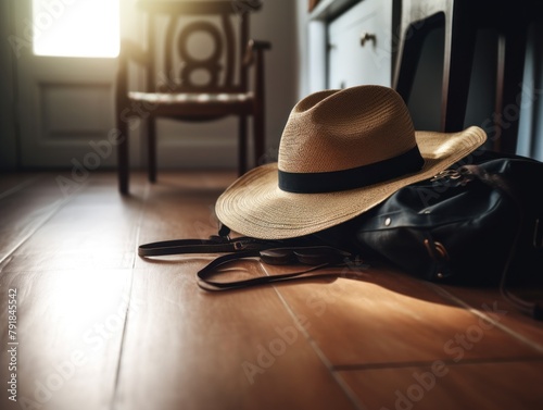 hat and bag are on the floor in the room. the concept of tourism and travel. Going on vacation