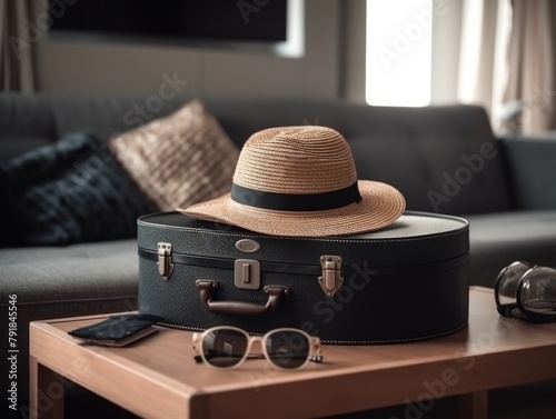 hat and sunglasses on a grey suitcase in the room. the concept of tourism and travel. Going on vacation