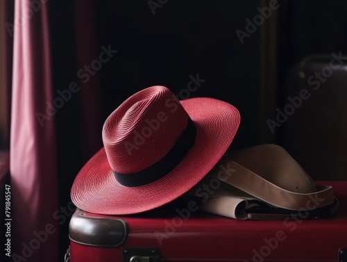hat on a red suitcase, close-up. the concept of tourism and travel. Going on vacation